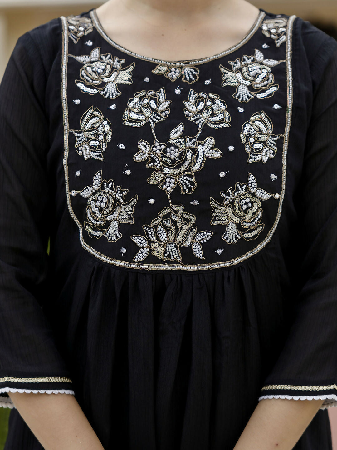 The52 Black Women's Beautiful Embroidered work Chinon Fabric with Flared Kurta, Pant and Dupatta Set | Grocsy