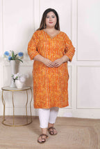 Miravan Women's Plus Size Yellow Bandhani Printed Straight Kurta | Grocsy