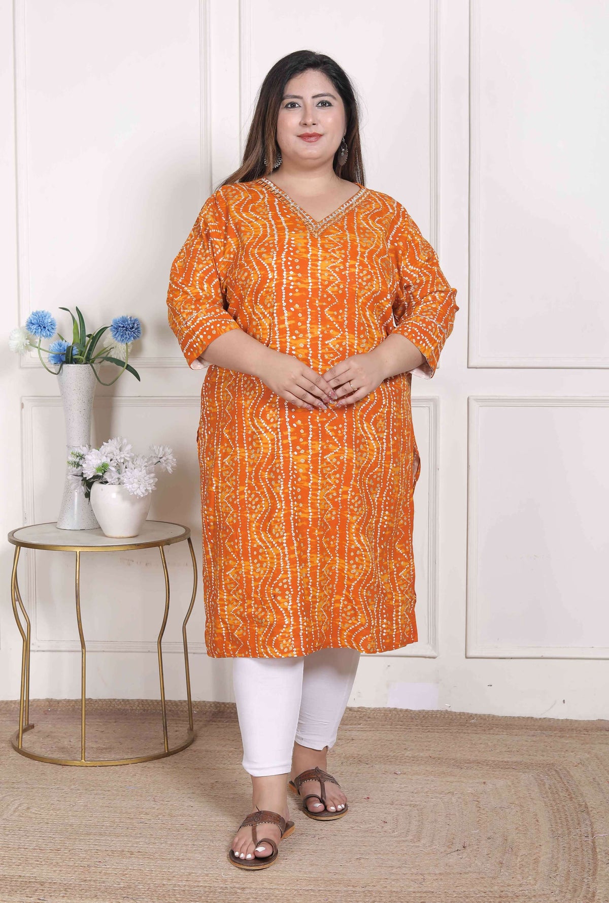 Miravan Women's Plus Size Yellow Bandhani Printed Straight Kurta | Grocsy