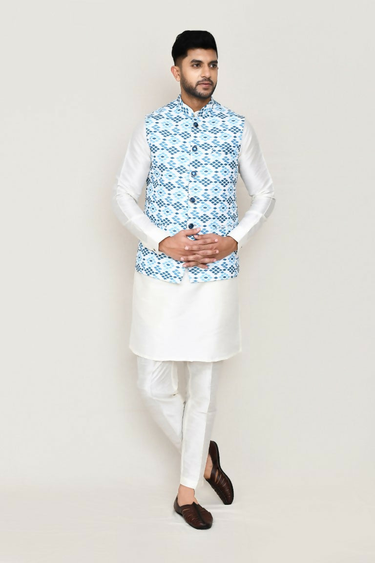 Joban Fashion White Colored Art Silk Fabric Kurta, Jacket With Straight Fit Pant | Grocsy