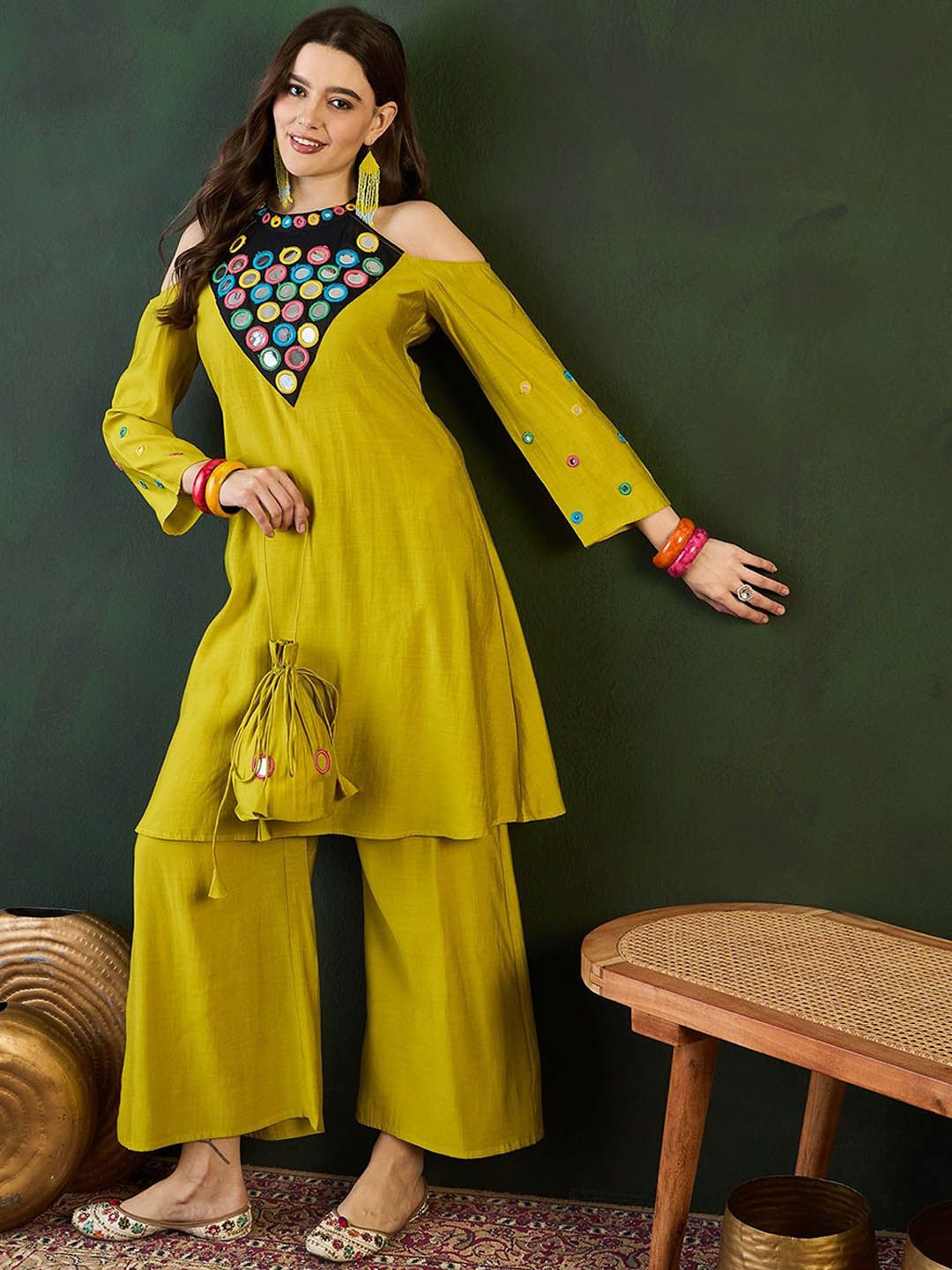 Sangria Embroidered Kurta & Palazzo With Bag Kurta Set | Grocsy
