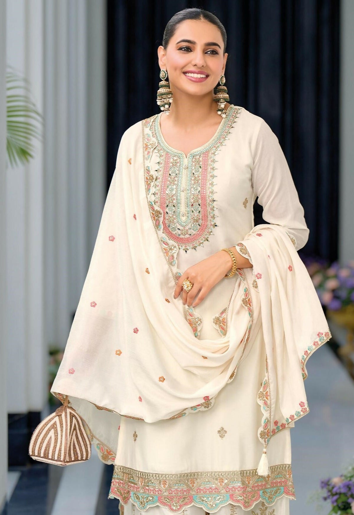 Anaita White Premium Embroidered Chinon Readymade Salwar Suit (Free Size) | Grocsy