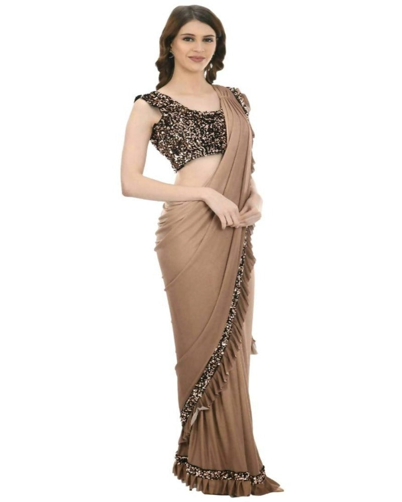 Mominos Fashion All Season Wear Camel Colour Shaded Ruffled Ready To Wear Saree | Grocsy