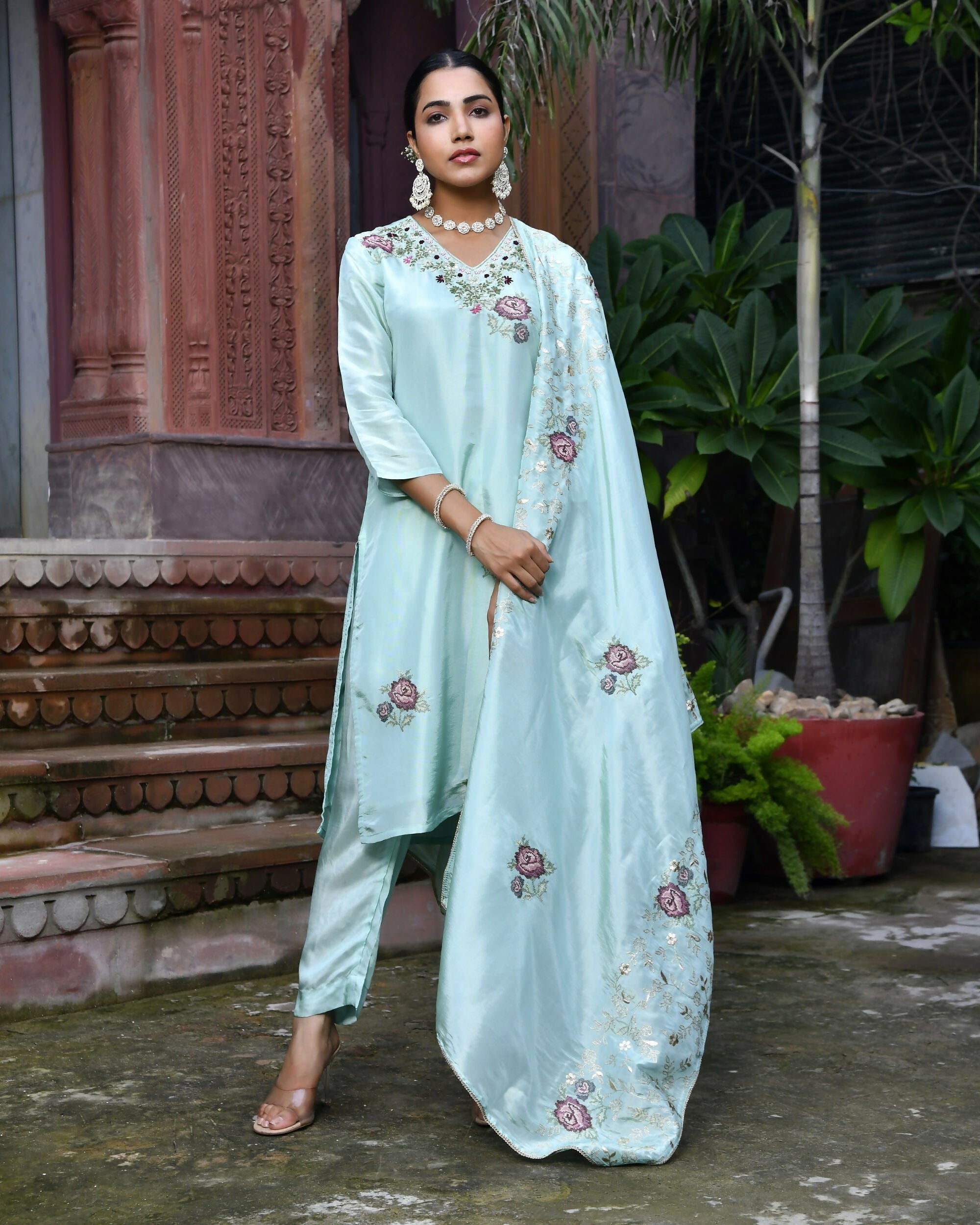Vaasva Women's Tissue Silk Emboidered Suit Set With Solid Pant & Solid Embroidered Dupatta | Grocsy