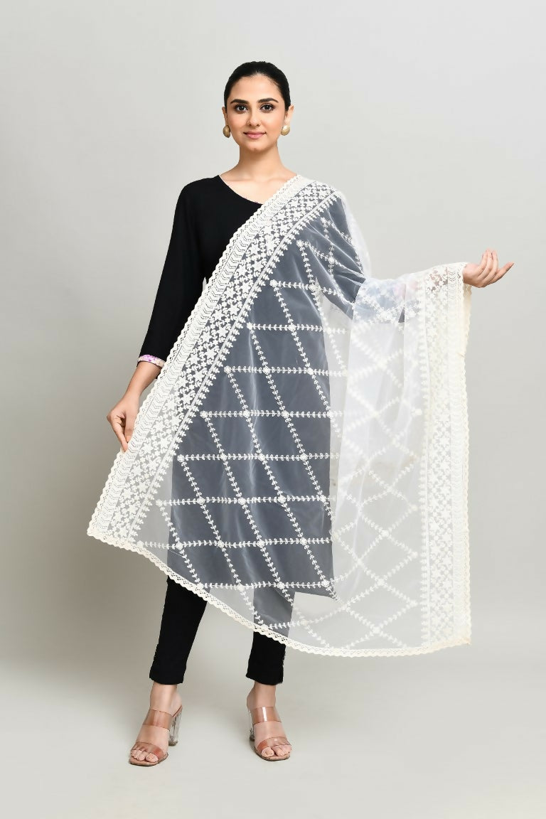 Joban Fashion White Cotton Embroidery Work Pakistani Karanchi Dupatta | Grocsy