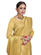 Vardha Women's Beige Color Kanchipuram Raw Silk Saree with Unstitched Blouse Piece | Grocsy