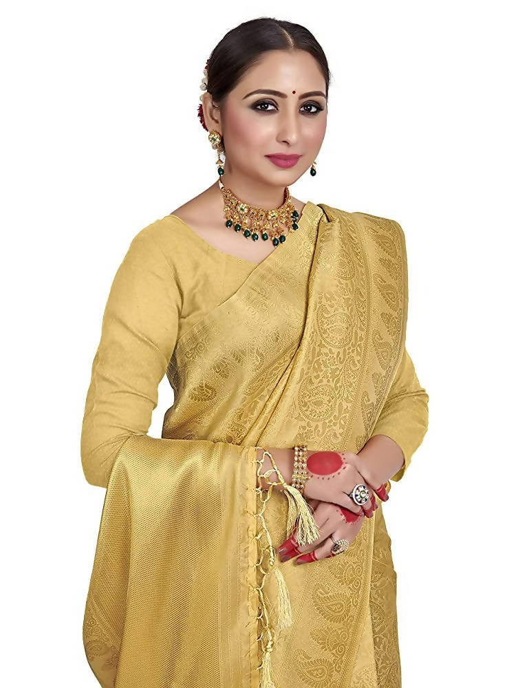 Vardha Women's Beige Color Kanchipuram Raw Silk Saree with Unstitched Blouse Piece | Grocsy