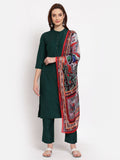 Myshka Women's Green Solid Cotton 3/4 Sleeve Mandarin Neck Casual Kurta Pant Dupatta Set | Grocsy