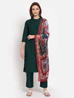 Myshka Women's Green Solid Cotton 3/4 Sleeve Mandarin Neck Casual Kurta Pant Dupatta Set | Grocsy