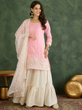 The52 Women's Gorgeous Embroidery Work Cotton Satin Fabric Straight Kurta Sharara and Dupatta Set-Peach | Grocsy