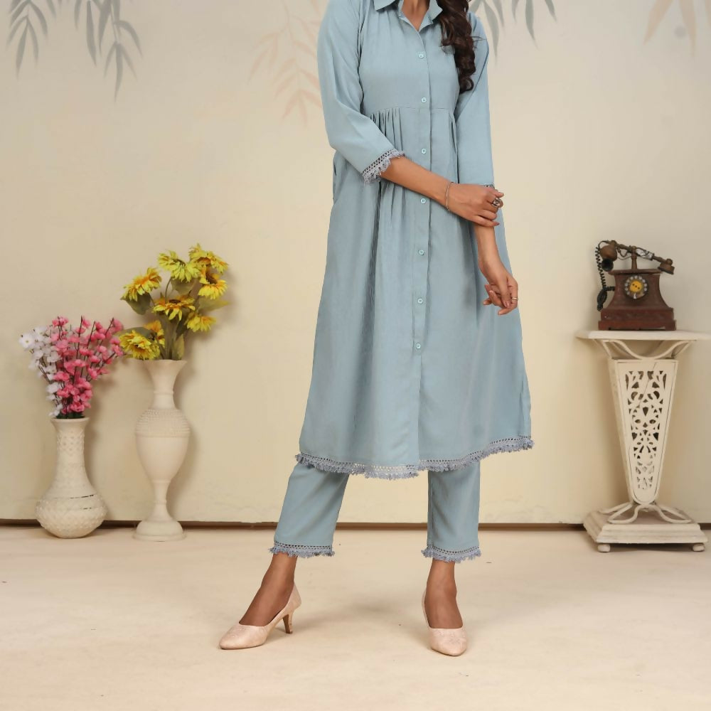 Jyoti Fashion Women's Sky Blue Rinkal Cotton Plain with Side Pocket Kurtis & Sets | Grocsy