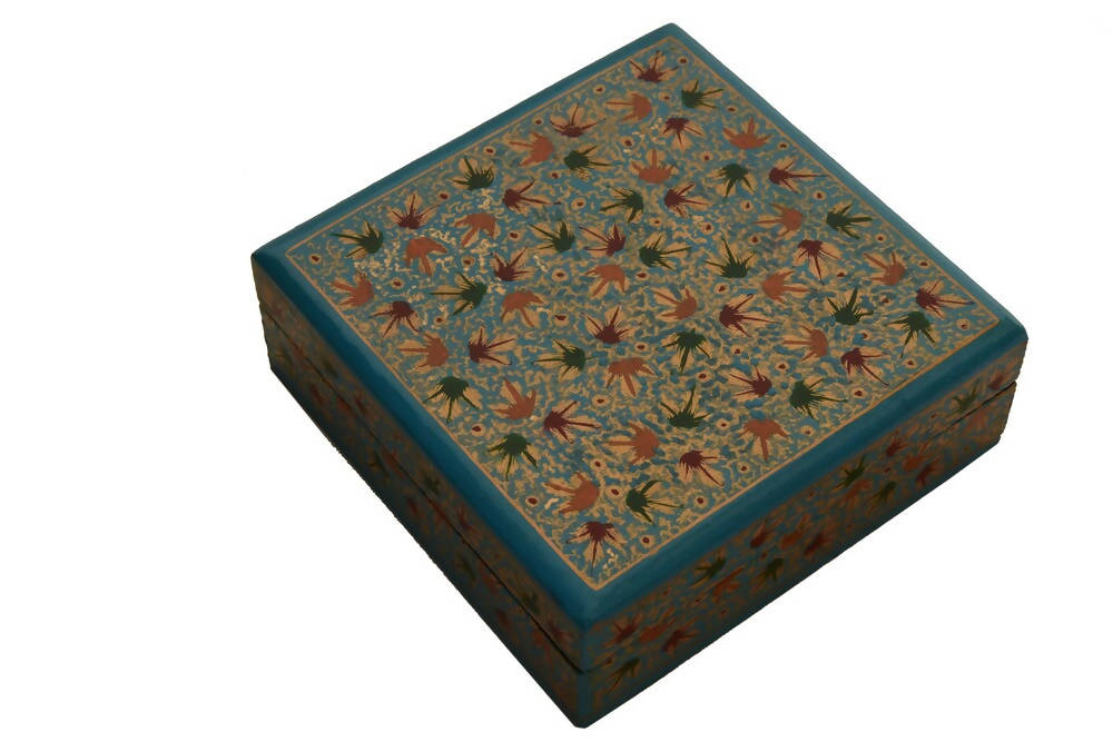 Nizalia Chinar Leaf Embossed Blue Paper Mache Square Coasters | Grocsy
