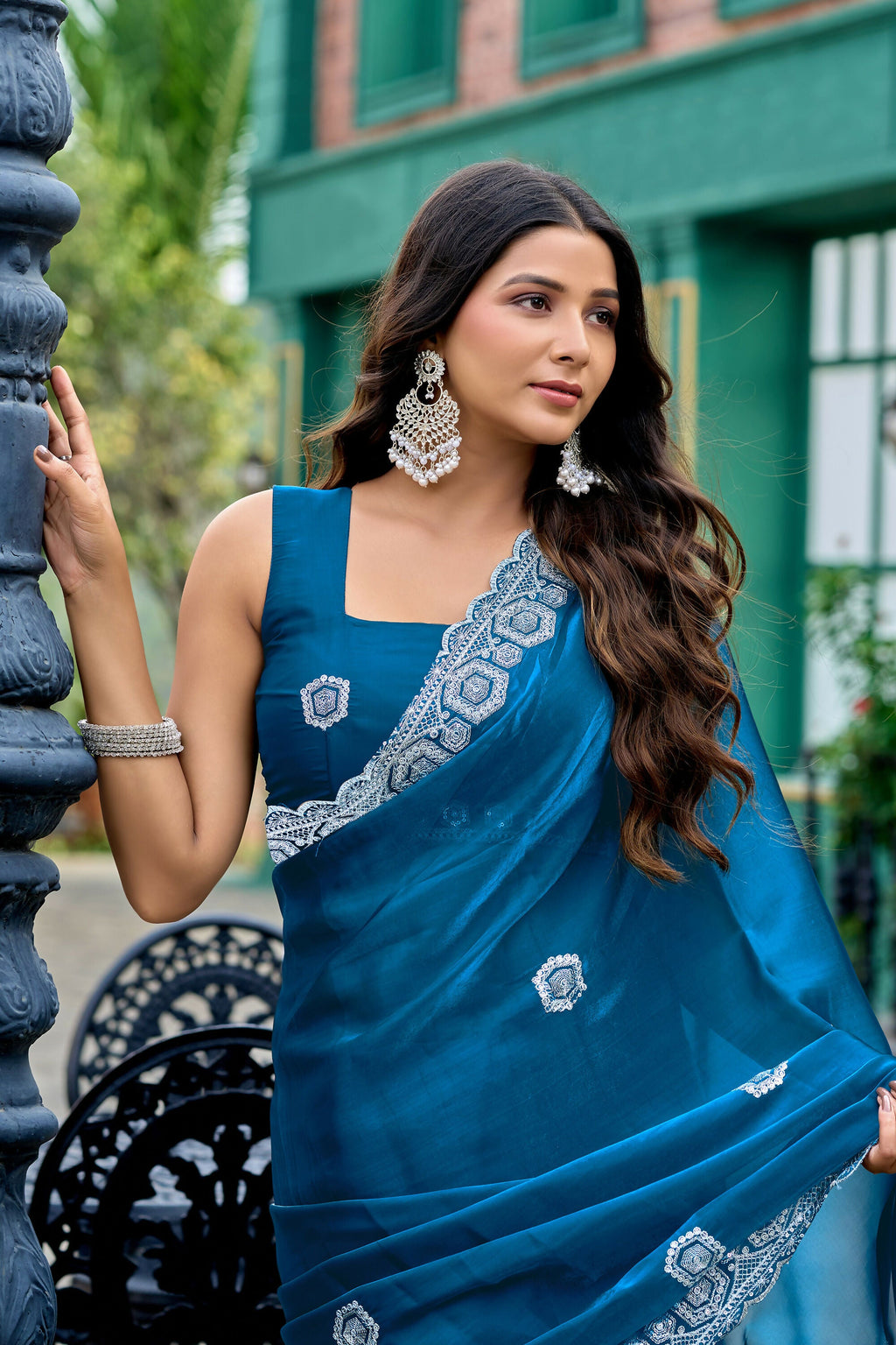 Vastranavya Teal Embroidery Work Shimmer Chiffon Saree with Unstitched Blouse | Grocsy