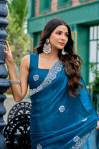 Vastranavya Teal Embroidery Work Shimmer Chiffon Saree with Unstitched Blouse | Grocsy