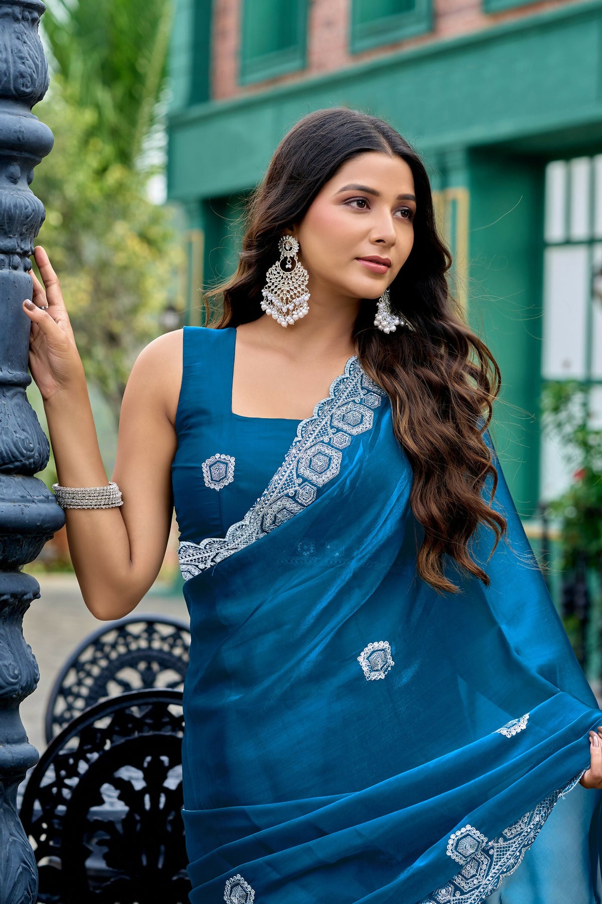 Vastranavya Teal Embroidery Work Shimmer Chiffon Saree with Unstitched Blouse | Grocsy