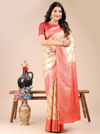 Shree Shyam Fashion Aura Silk Cream Red Banarasi Silk Saree | Grocsy