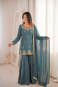 Teeya Creation Womens New Fancy Embroidery Sequence Work With Zarkan Diamond Work Teal Kurta Set | Grocsy
