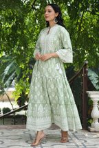 Juniper Women's Green Cambric Floral Printed Maxi Tiered Dress | Grocsy