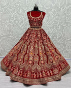 Jyoti Fashion Women's Red Velvet Multi Thread Embroidered with Zircon Diamond Work Wedding Lehenga Choli | Grocsy
