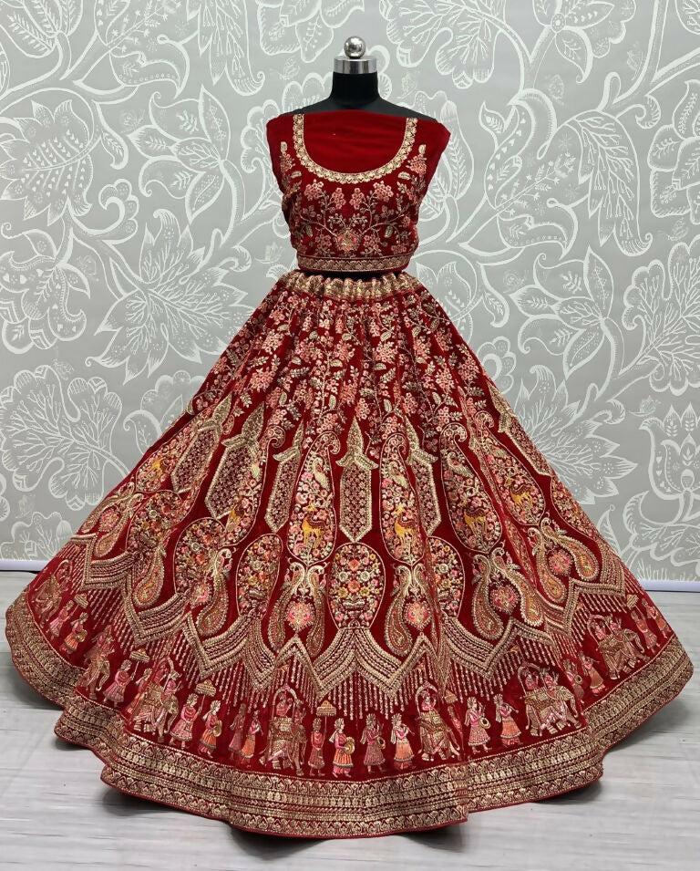Jyoti Fashion Women's Red Velvet Multi Thread Embroidered with Zircon Diamond Work Wedding Lehenga Choli | Grocsy