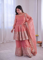Teeya Creation Peach Color Fendy Satin Silk Embroidery Work Party Wear Salwar Suit | Grocsy