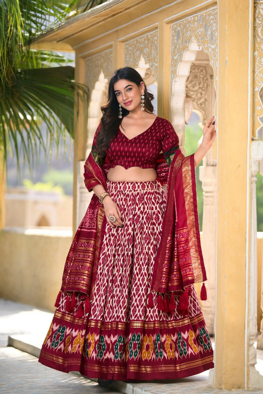 Vastranavya Designer Ikkat Print With Foil Work Lehenga Choli - Maroon | Grocsy