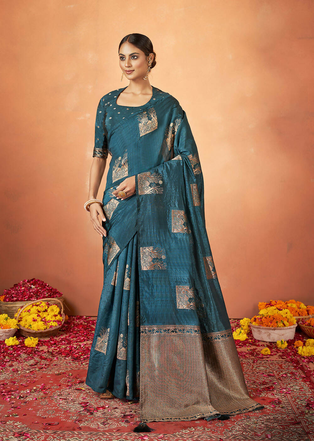 Teal Tusser Silk Woven Design Saree With Unstitched Blouse Piece - Norita Royal Pradha | Grocsy