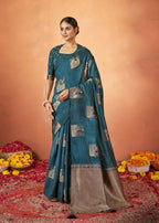 Teal Tusser Silk Woven Design Saree With Unstitched Blouse Piece - Norita Royal Pradha | Grocsy