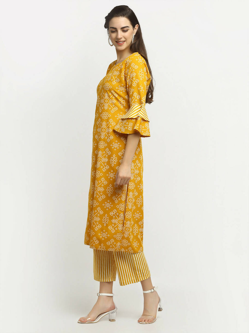 Rudra Bazaar Mustard Printed Bell Sleeve Straight Kurta with Striped Pyjamas | Grocsy