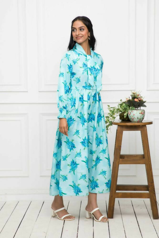 Myshka Women Blue Floral Rayon A-Line Shirt Collar Dress | Grocsy