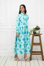 Myshka Women Blue Floral Rayon A-Line Shirt Collar Dress | Grocsy