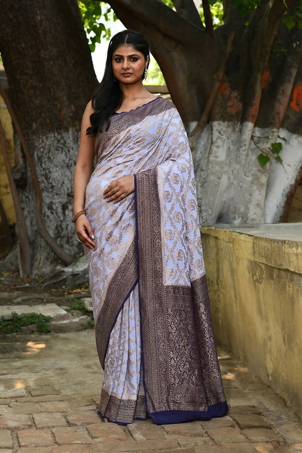 Joban Fashion Pastel Blue Crepe Chiffon Pure Handloom Banarasi Silk Saree | Grocsy