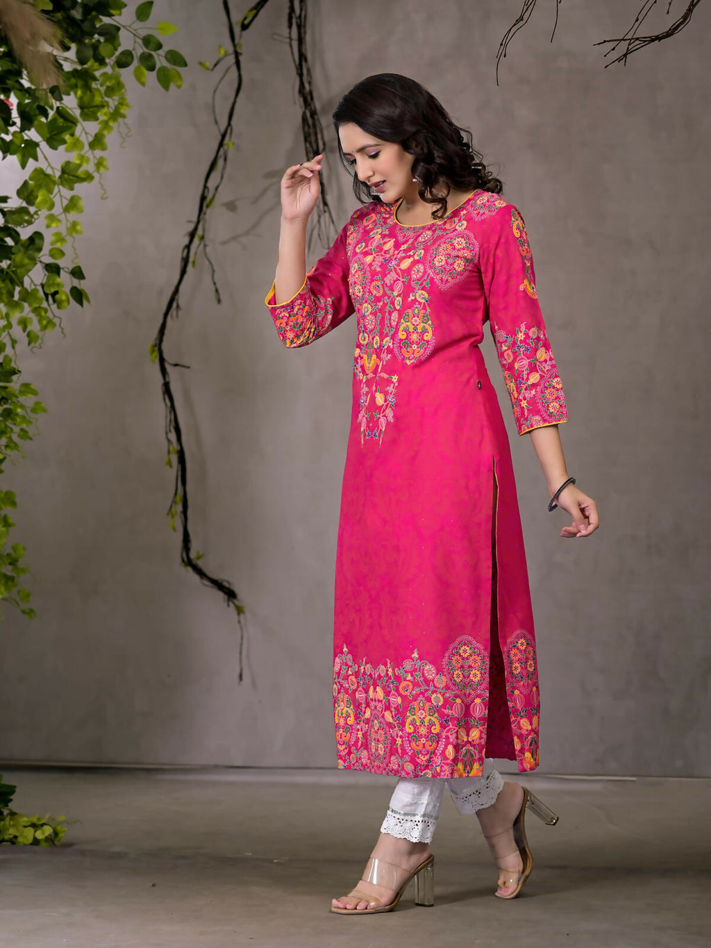 Juniper Women's Pink Thread Embroidered Liva Rayon Kurta With Sequins & Beads | Grocsy