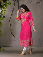Juniper Women's Pink Thread Embroidered Liva Rayon Kurta With Sequins & Beads | Grocsy