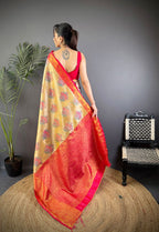 Elora Gold Silk Leheriya Meenakari Zari Weaves Dharmavaram Saree | Grocsy