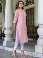 Juniper Women's Pink Cotton Slub Embroidered Straight Kurta | Grocsy
