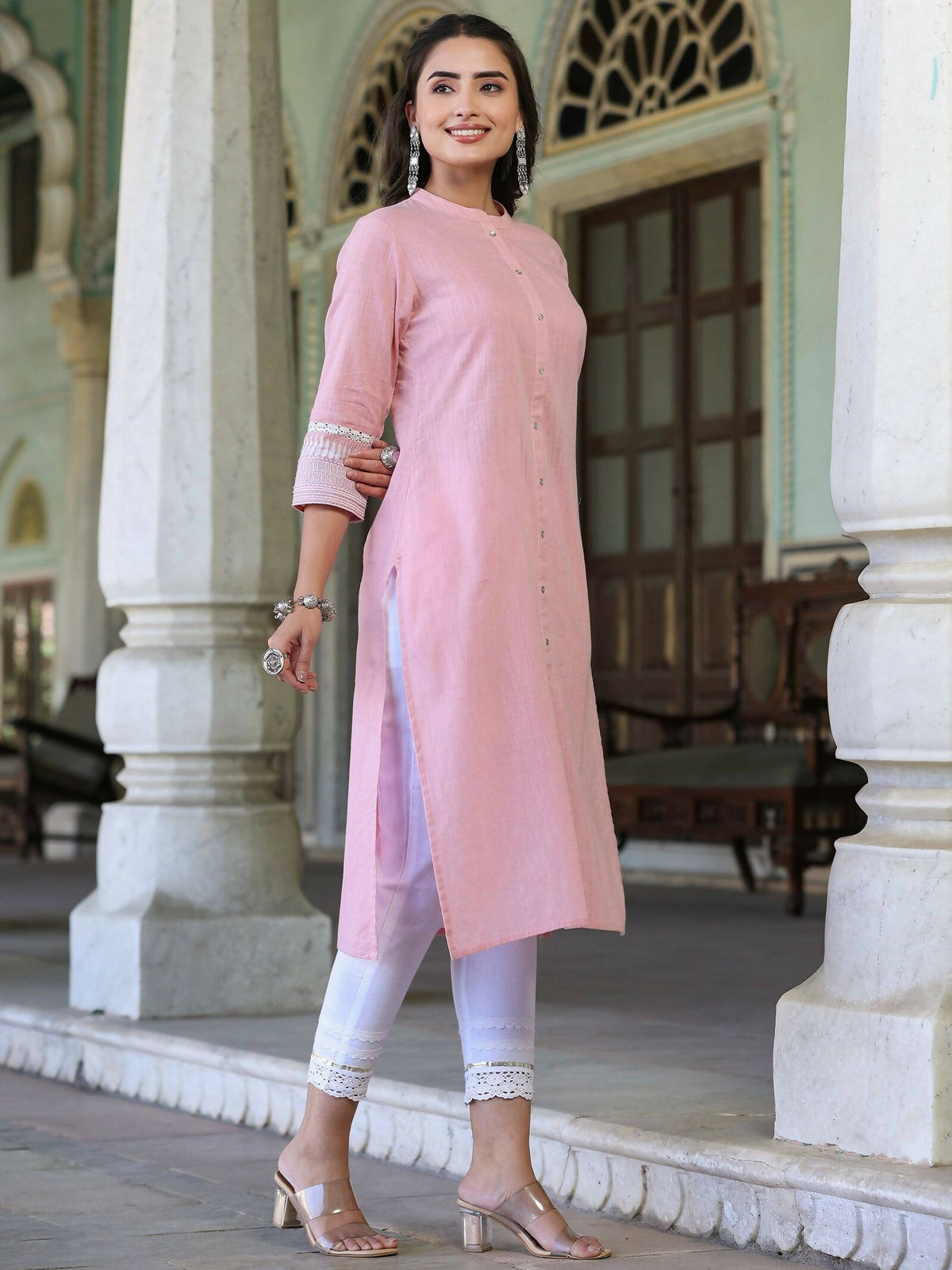 Juniper Women's Pink Cotton Slub Embroidered Straight Kurta | Grocsy