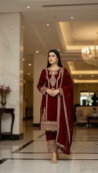 Joban Fashion Maroon Velvet Embroidery Sequence Work Readymade Kurta Set | Grocsy