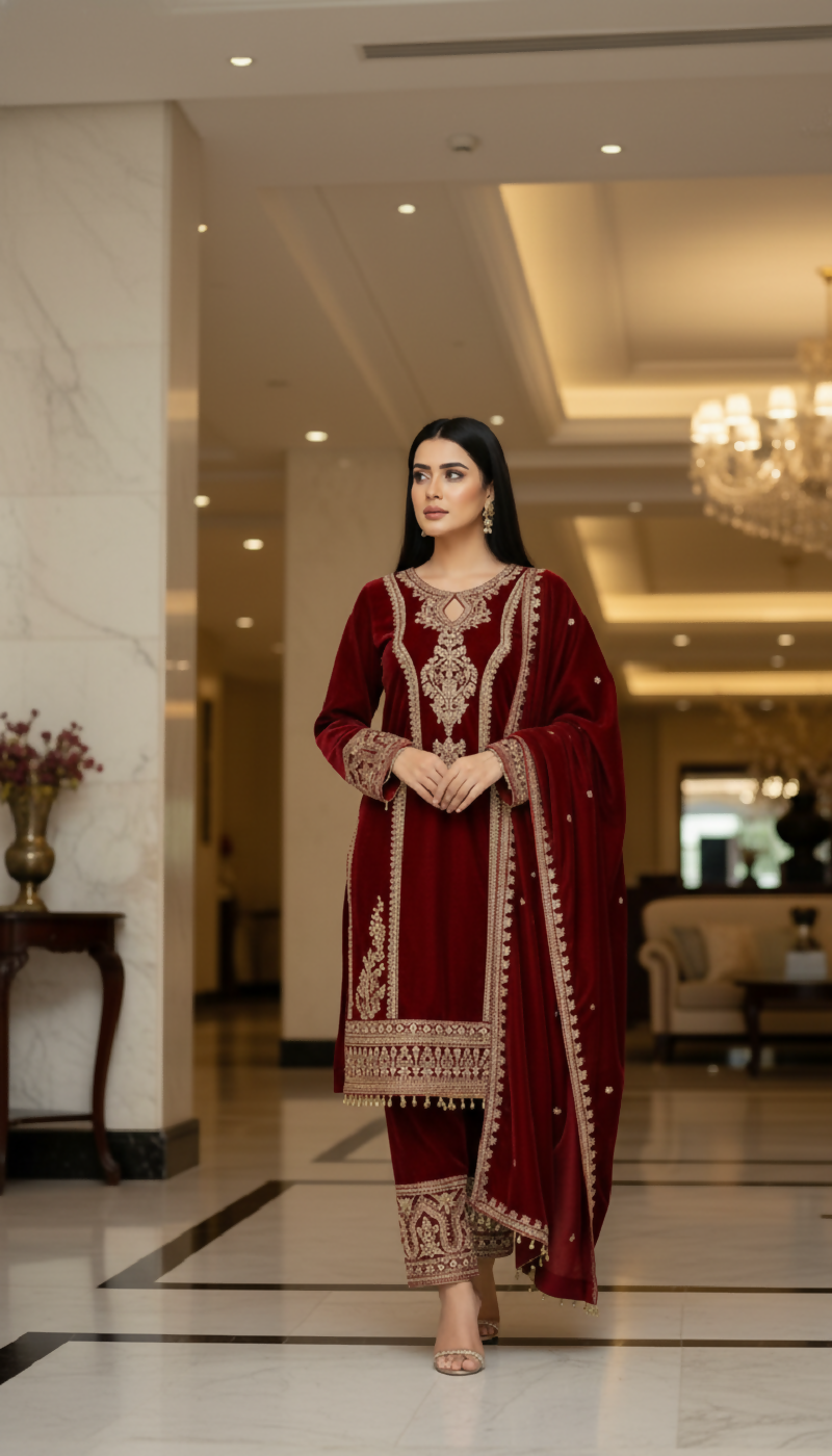 Joban Fashion Maroon Velvet Embroidery Sequence Work Readymade Kurta Set | Grocsy