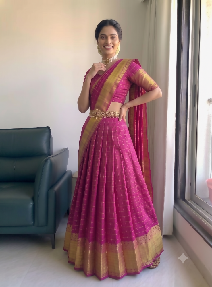 Teeya Creation Festive Rani Pink Checkered Silk Lehenga Choli with Golden Zari Detail | Grocsy