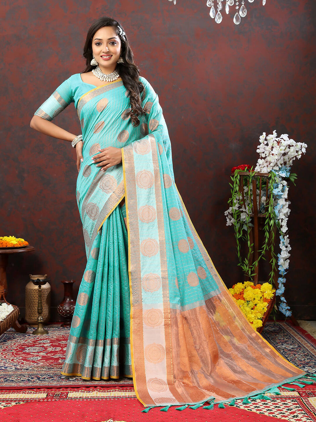 Lorenvalley Fashion Skyblue Cotton with Woven Design Zari Weaving Saree | Grocsy