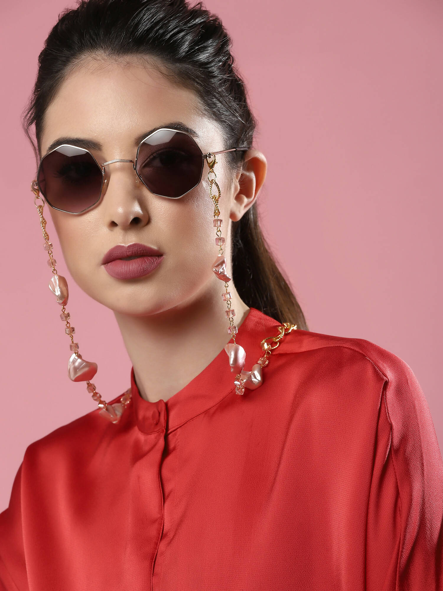 Pink Gold-Toned Embellished Mask Chain - Ruby Raang | Grocsy