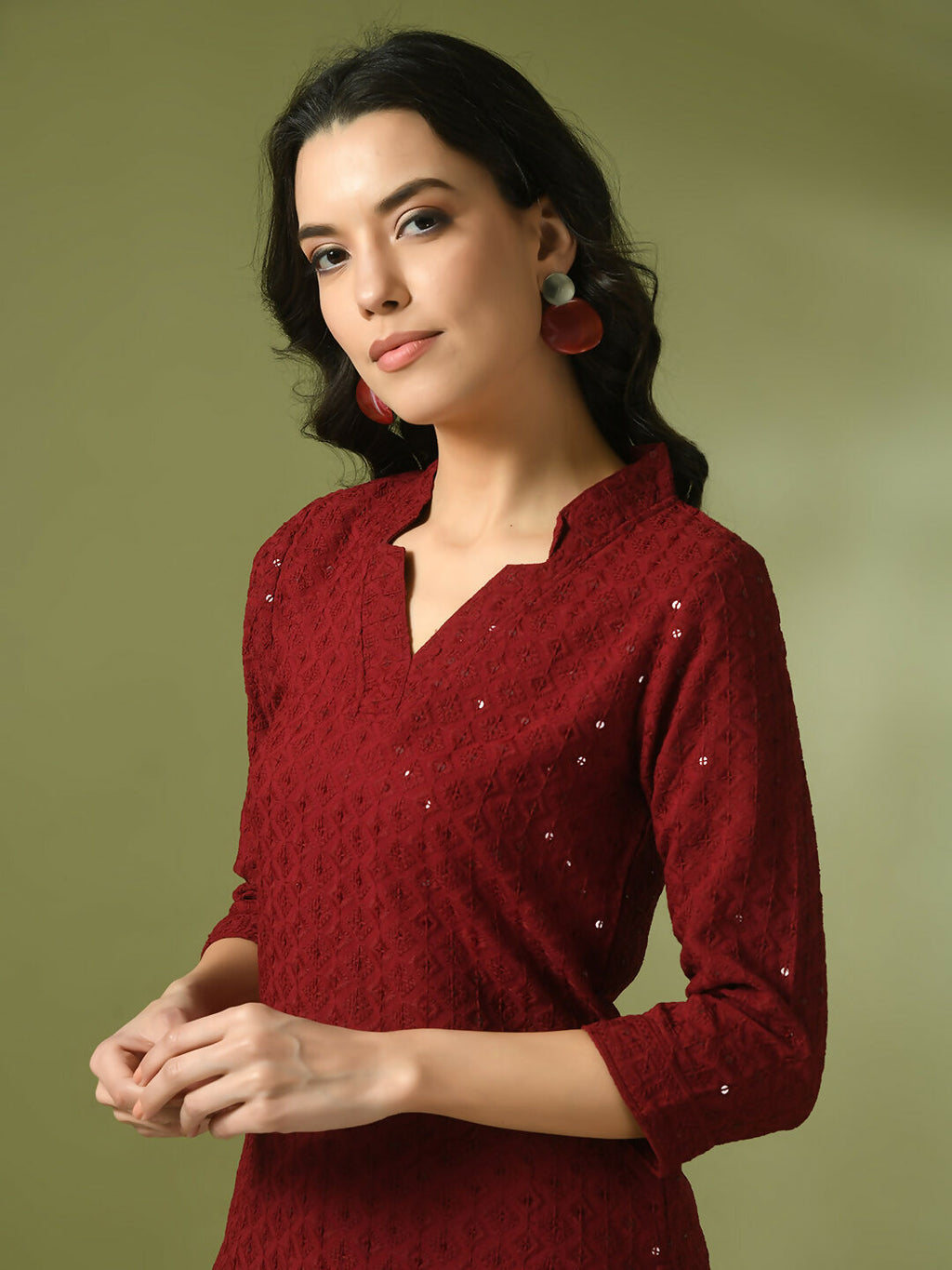 Myshka Women's Maroon Embellished Cotton Regular Party Tunic | Grocsy