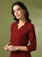 Myshka Women's Maroon Embellished Cotton Regular Party Tunic | Grocsy