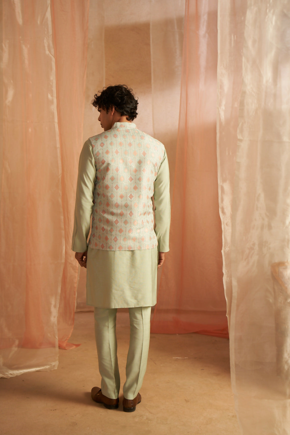 Pista Viscose Designer Printed Men's Kurta Set with Koti - Mahotsav | Grocsy