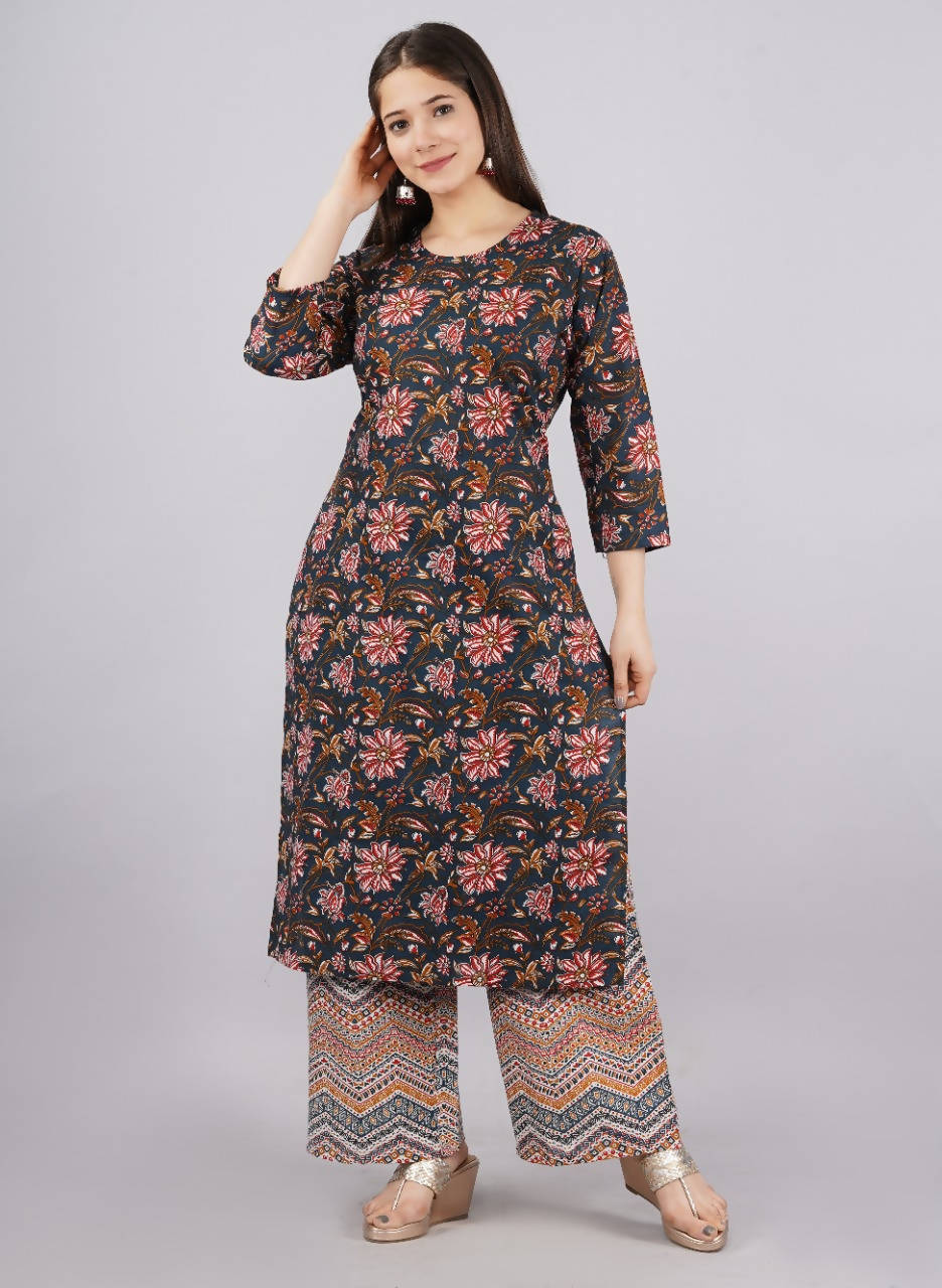 Vamika Printed Cotton Blue Party Wear/Casual Wear Kurta Set/Suit | Grocsy