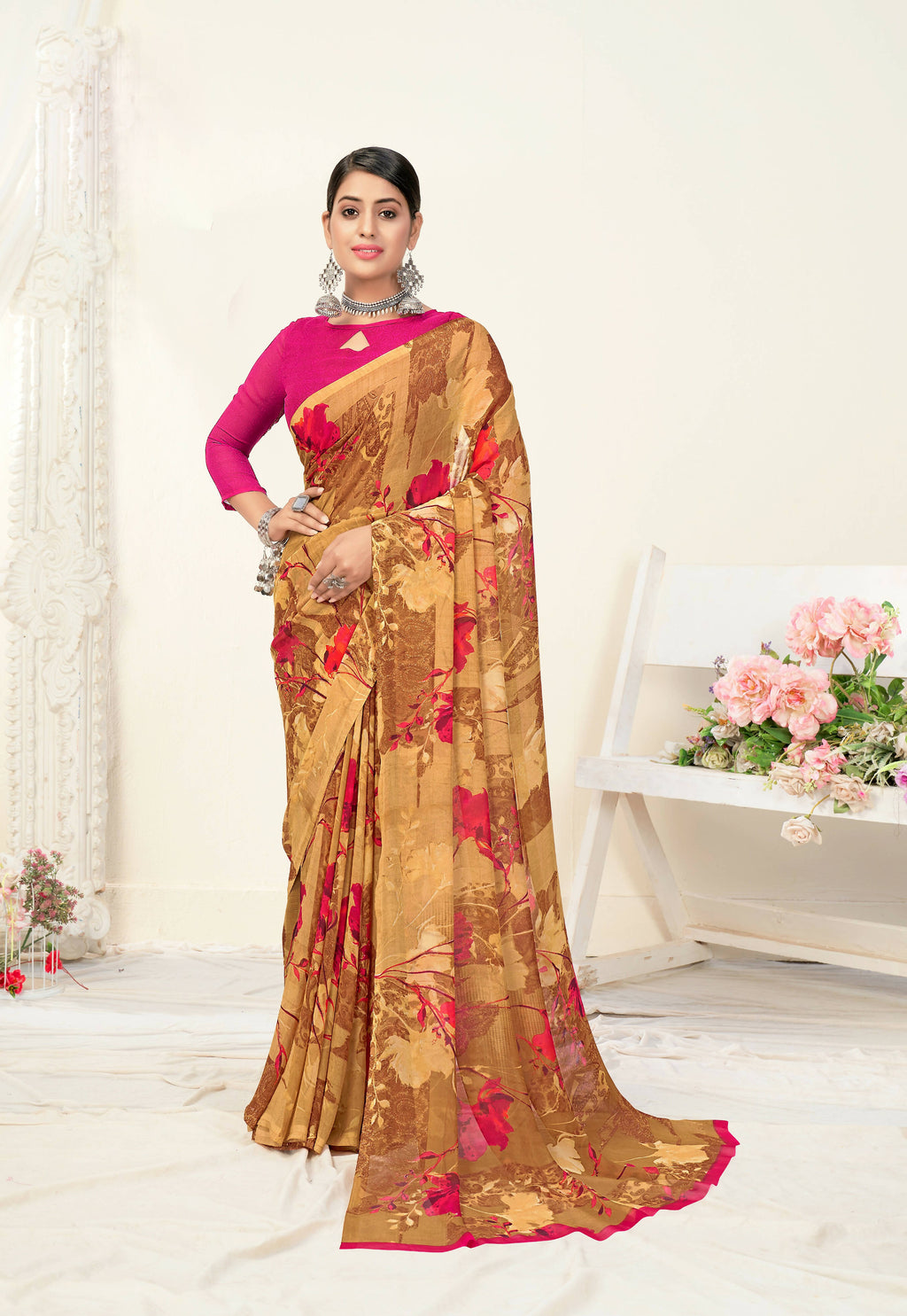 Brown Georgette Floral Printed Saree With Unstitched Blouse Piece - Jyoti | Grocsy