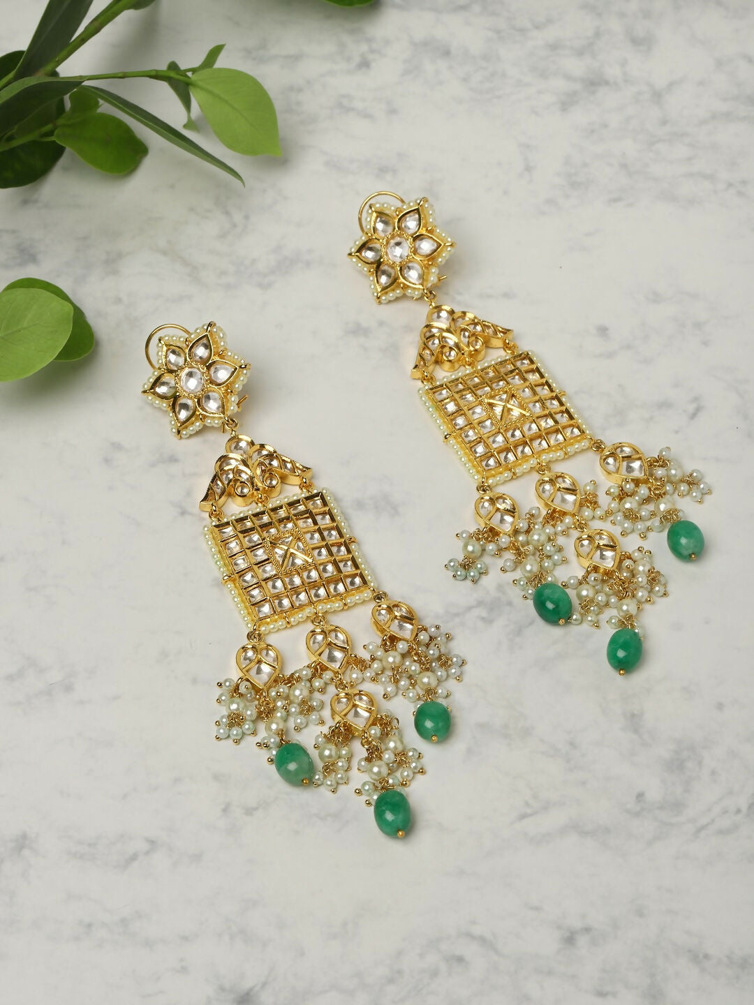 Long Kundan Earrings with Green Stone- Ruby Raang | Grocsy