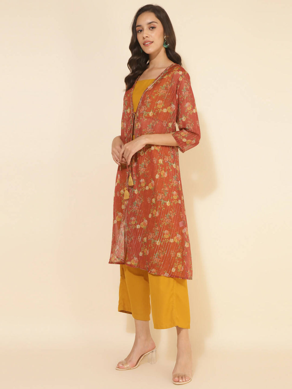 Janasya Women's Mustard Moss Solid Festive Crop Top Set | Grocsy