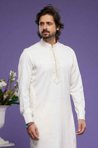 Raivat Ethnic Art Banarasi Silk Thread Work Kurta Pajama In Cream Colour | Grocsy